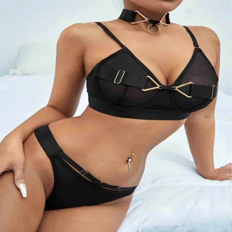 Bikini Fashion Sexy Lingerie Set Mesh Stitching Underwear Metal Accessories with High-End Halter