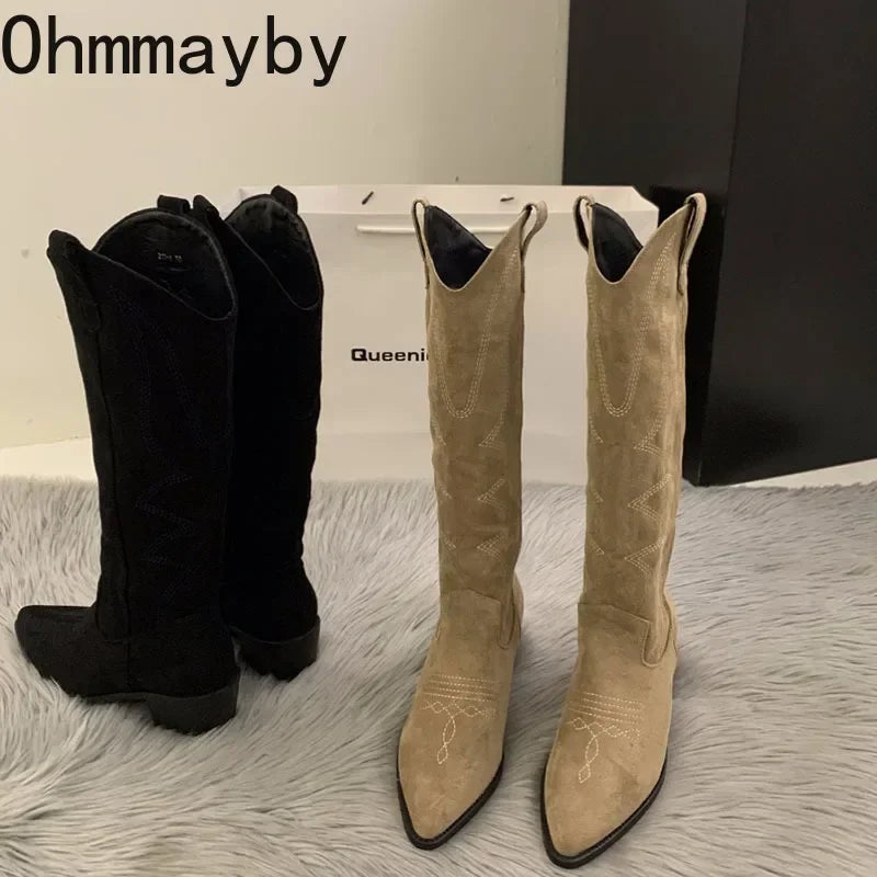 Women Cowboy Boots Fashion Square Low Heel Ladies Elegant Slip On Long Booties Winter Pointed Toe Women's Footwear