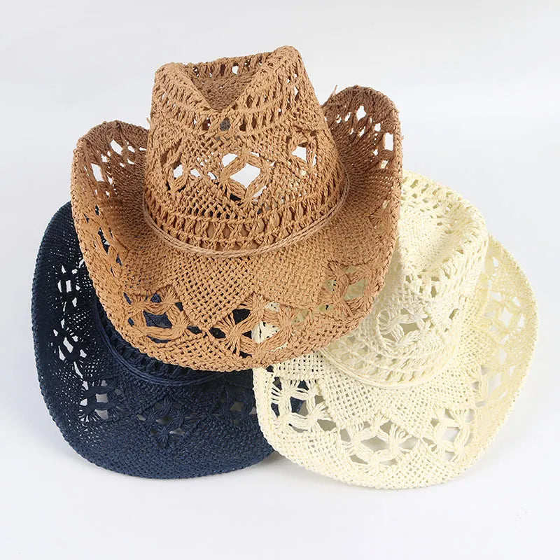 Summer Outdoor Men Women Hand-woven Western Cowboy Straw Hats Wide Brim Breathable Beach Jazz Cap Sun Protection Hat