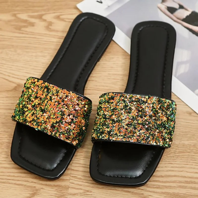 Women's Single Band Flats Sandals Sequin Glamorous Rhinestone Decor Bling Slides Outdoor Fashion Summer Sexy Beach Casual Shoes