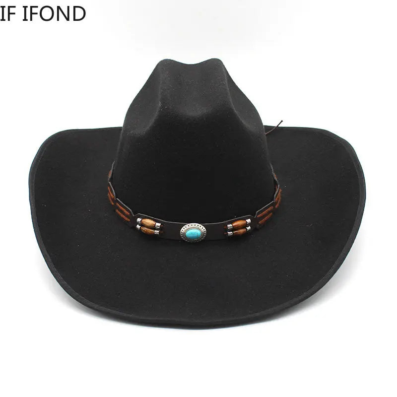 Artificial Wool Western Cowboy Hats For Men Women Vintage Wide Brim Felt Fedoras Hats Gentleman Jazz Hats Lady Cowgirl Dress Cap