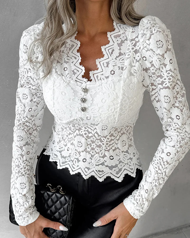 Crochet Lace Trim Top Women Asymmetrical Lace Hollow Out Shirts Button Splice Y2k Tops Straight T Shirt Casual Work Autumn 2023