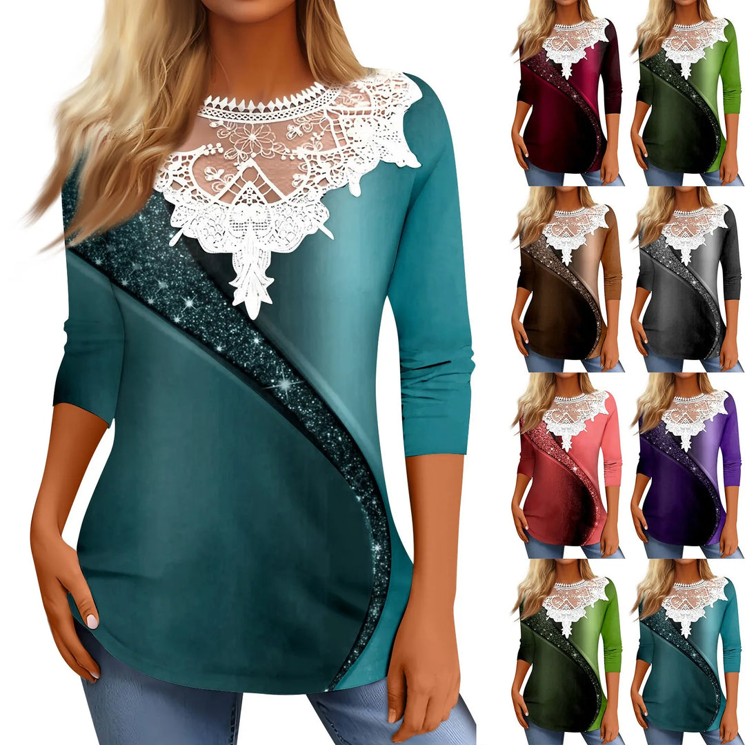 Women's Lace Stitched T-shirt Long Sleeve Tunic Loose Tops Casual Retro Gradient Print Lace T-shirt Street Tops 2024 New