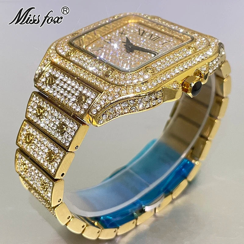 MISSFOX Luxury Gold Watch For Men Fashion Waterproof Quartz Clocks Hip Hop Iced Diamond Square Wristwatch Man Gift Free Shopping