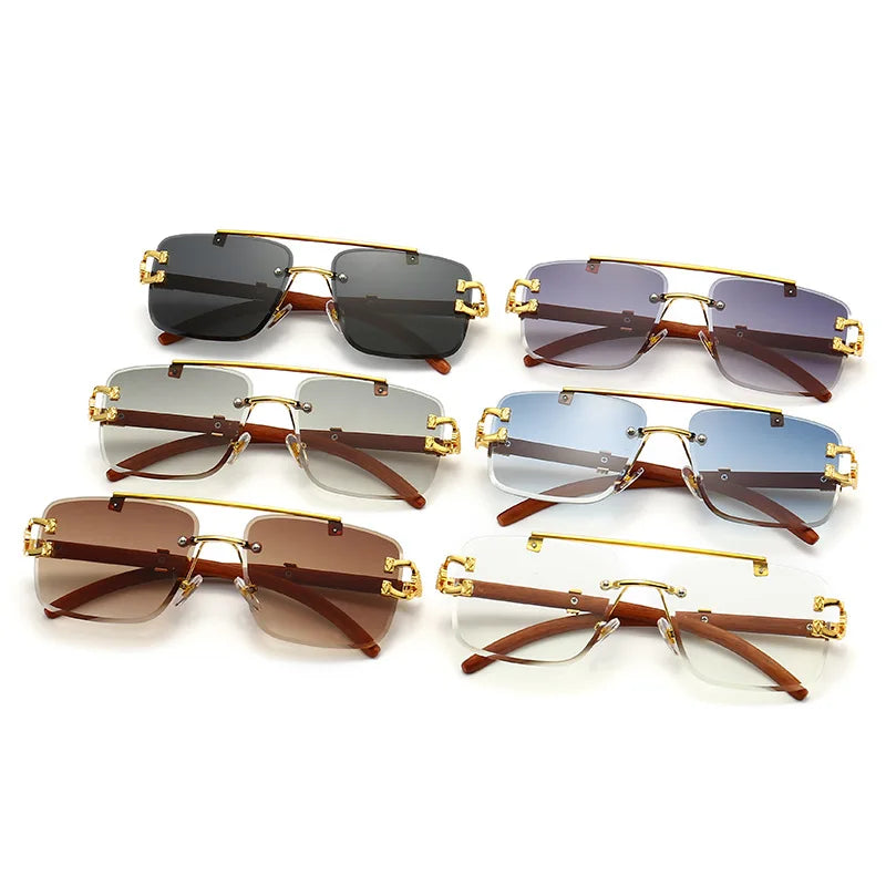 Classic Vintage Rimless Square Leopard Head Sunglasses Women Men Fashion Luxury Brand Designer Travel Wooden Metal Sun Glasses