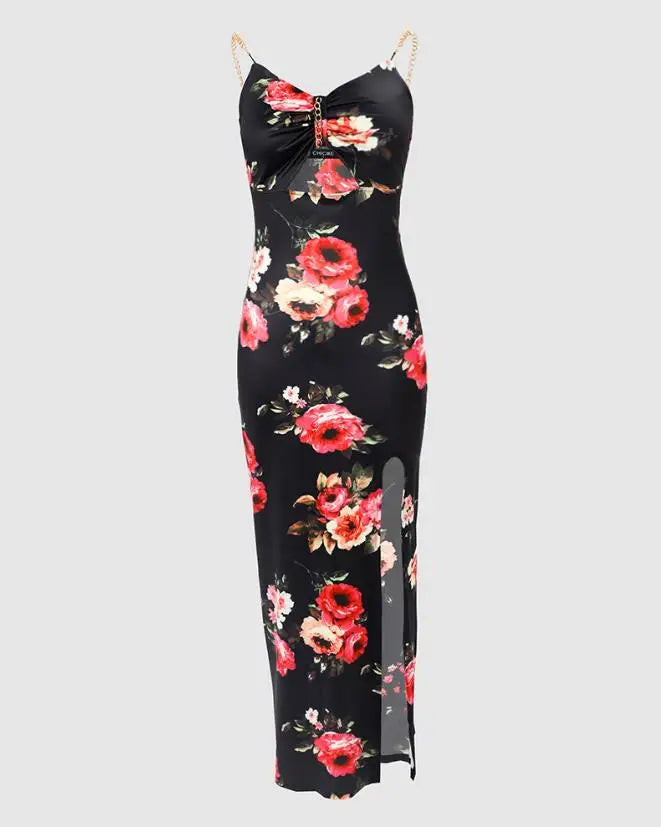 Sexy Floral Print High Slit Bodycon Dress Summer 2023 Daily Fashion Sleeveless Chain Decor Cutout Maxi Skinny Party Dresses