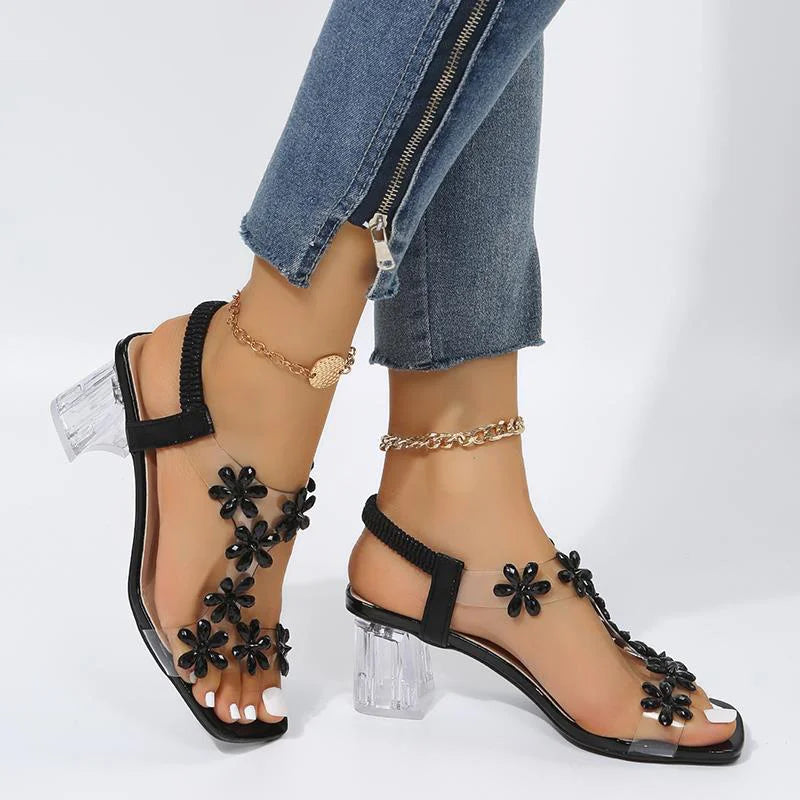 Women's Faux Rhinestone Floral Decor Chunky Heeled Sandals Summer New Transparent T-strap Ladies Sandals Clear Heel Party Heels