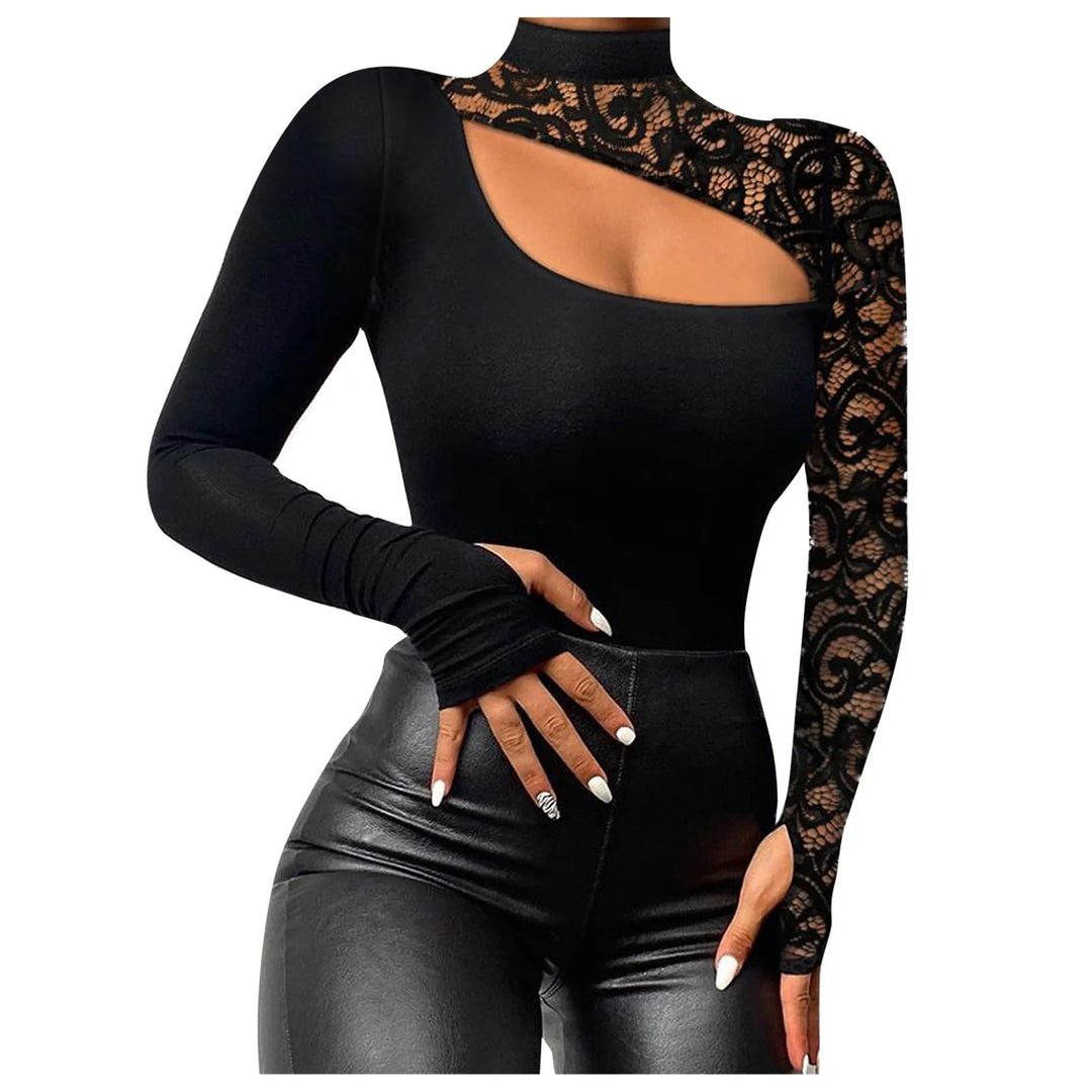 Women'S Long Sleeve Tops Slim Fit Black Splicing Lace Cold Shoulder Sexy T Shirt Casual Fashion All-Match Daily Bottom Shirt