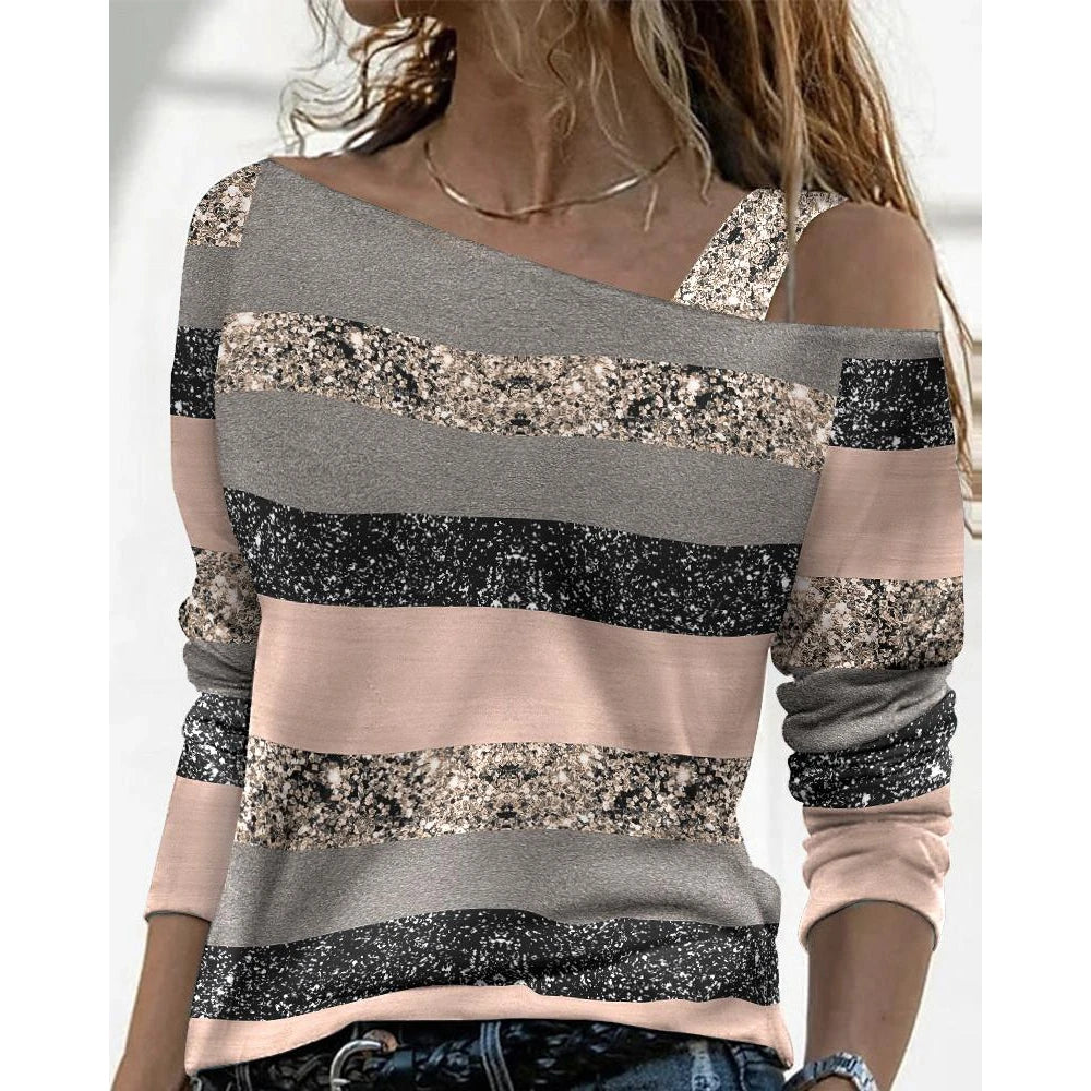 New Fashion Women Marble Print Cold Shoulder Casual Top 2022 Femme Long Sleeve Casual Lady Blouse T Shirt traf