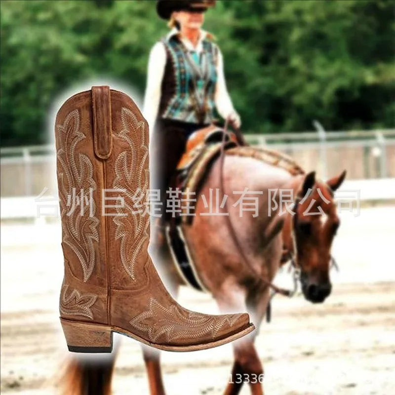 Embroidery Cowboy Boots For Women Knee High Med Calf Vintage Western Cowgirl Boots Women Heeled Casual Shoes Autumn Block Heel