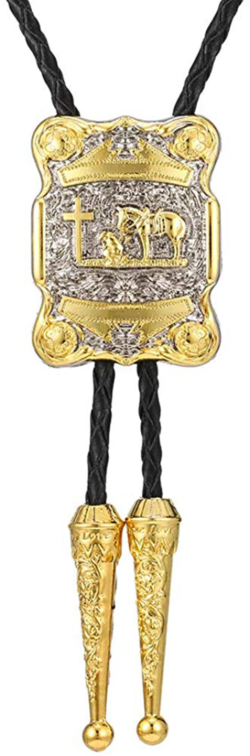 Gold cross pray horse rectangle bolo tie for man cowboy western cowgirl lather rope zinc alloy necktie