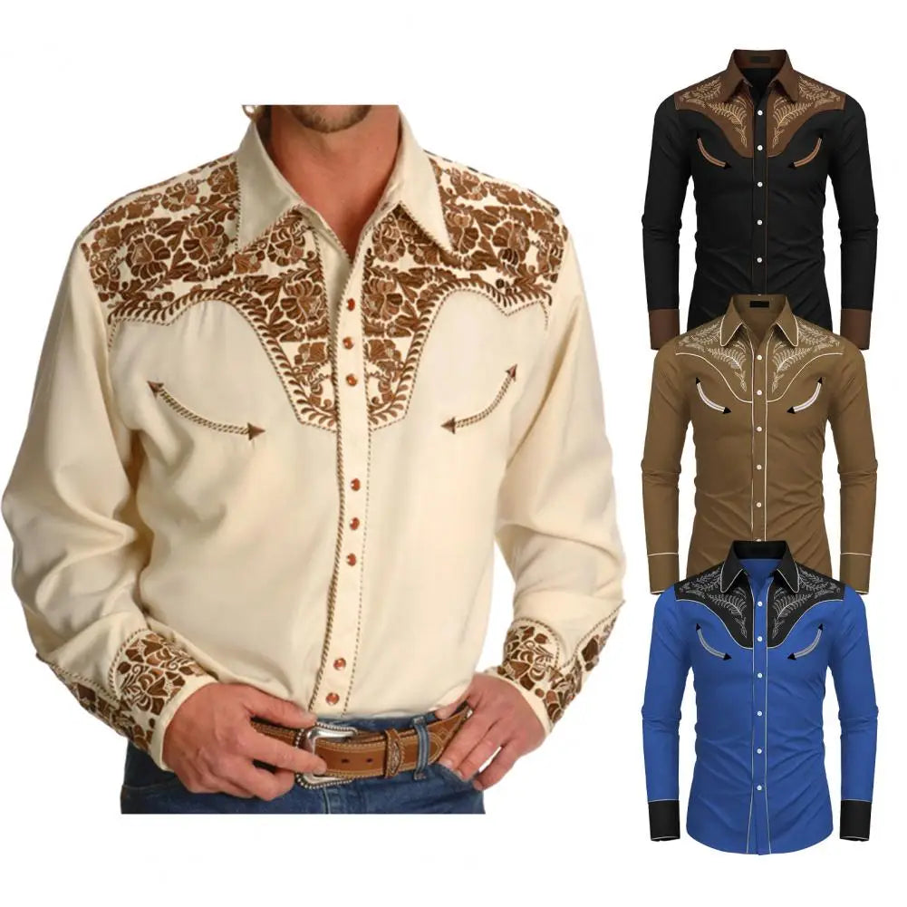 Western Tribal Ethnic Men Casual Sports Outdoor Street Long Sleeve Button Top Lapel Single -breasted Shirt Suit Clothing Casual