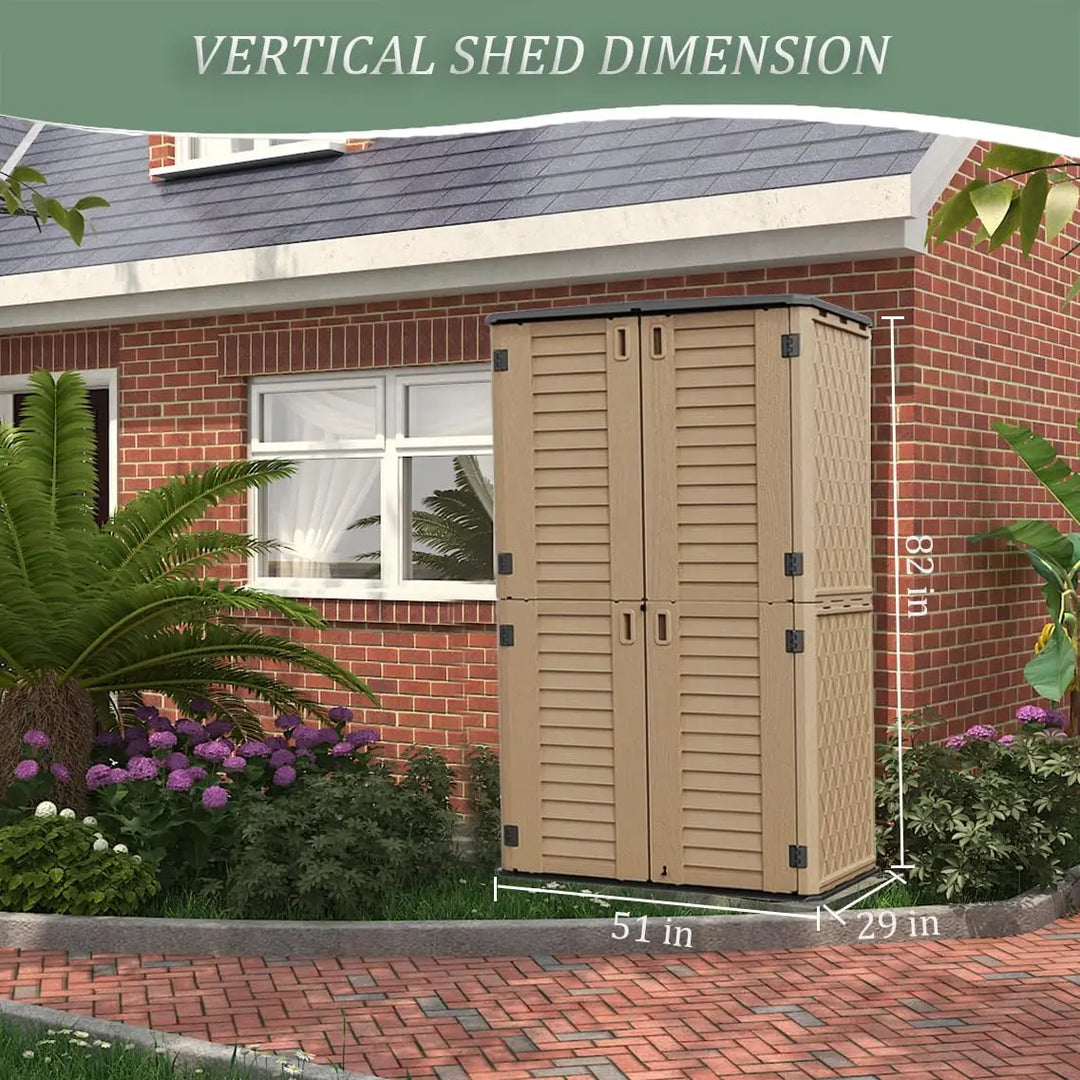 Vertical Outdoor Storage Shed Weather Resistance, 52 Cubic Feet Resin Garden Shed with Lockable Doors, Double-Layer Outdoor