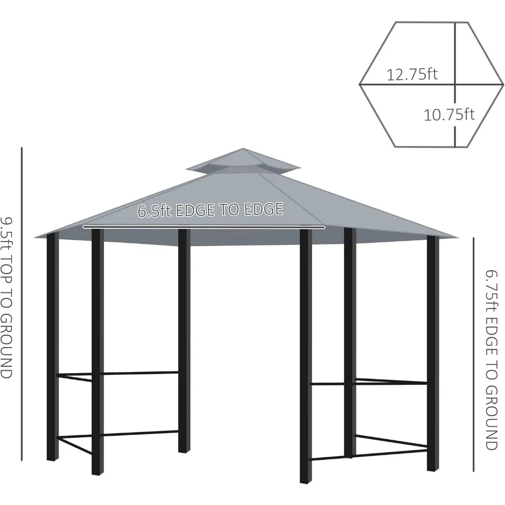 13' x 13' Patio Gazebo, Double Roof Hexagon Outdoor Gazebo Canopy Shelter with Netting & Curtains, Solid Steel Frame for Garden