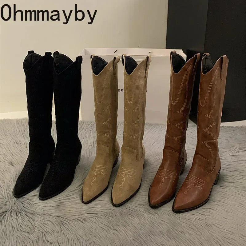 Women Cowboy Boots Fashion Square Low Heel Ladies Elegant Slip On Long Booties Winter Pointed Toe Women's Footwear