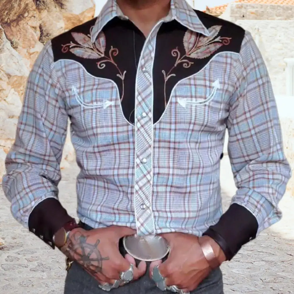 Men Long-sleeve Shirt Vintage Western Cowboy Print Men's Slim Fit Long Sleeve Shirt with Turn-down Collar Button for Casual