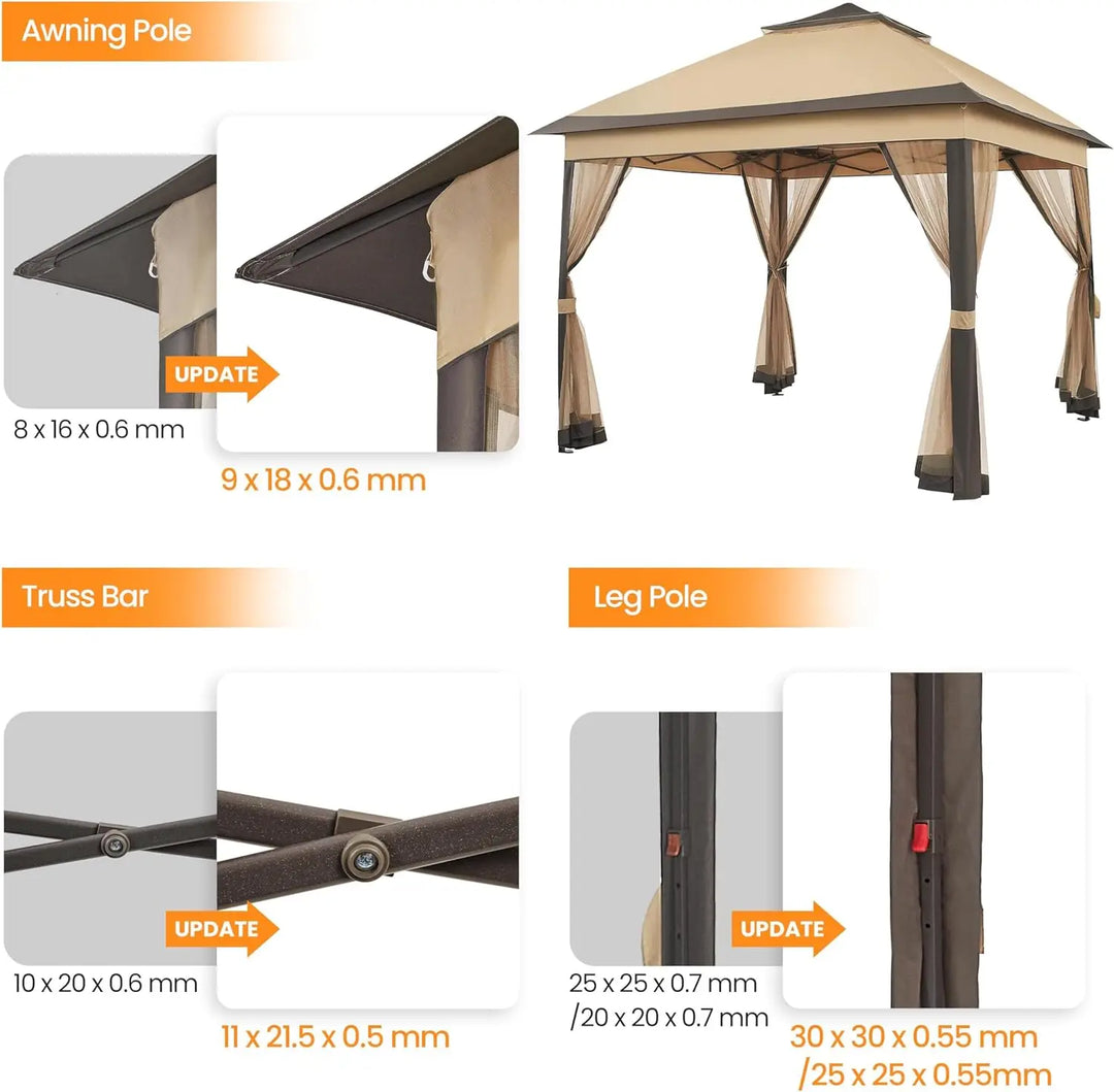 11x11 / 11x13 Gazebo Outdoor Canopy Shelter, Instant Gazebo Sun Shade Canopy Tent with 4 Sandbags, Double Tiers & Mesh Netting