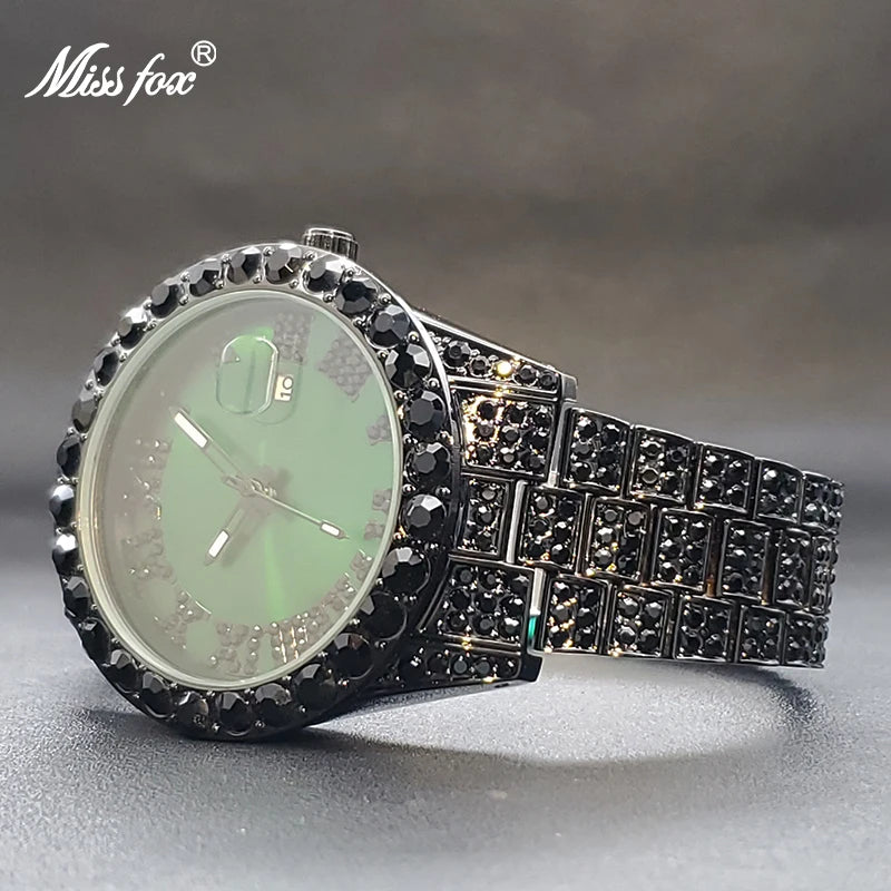 Missfox Green Watch For Men 42mm Dial Full Black Diamond Unique Stylish Mystery Style Men's Quartz Watches Waterproof Clock New