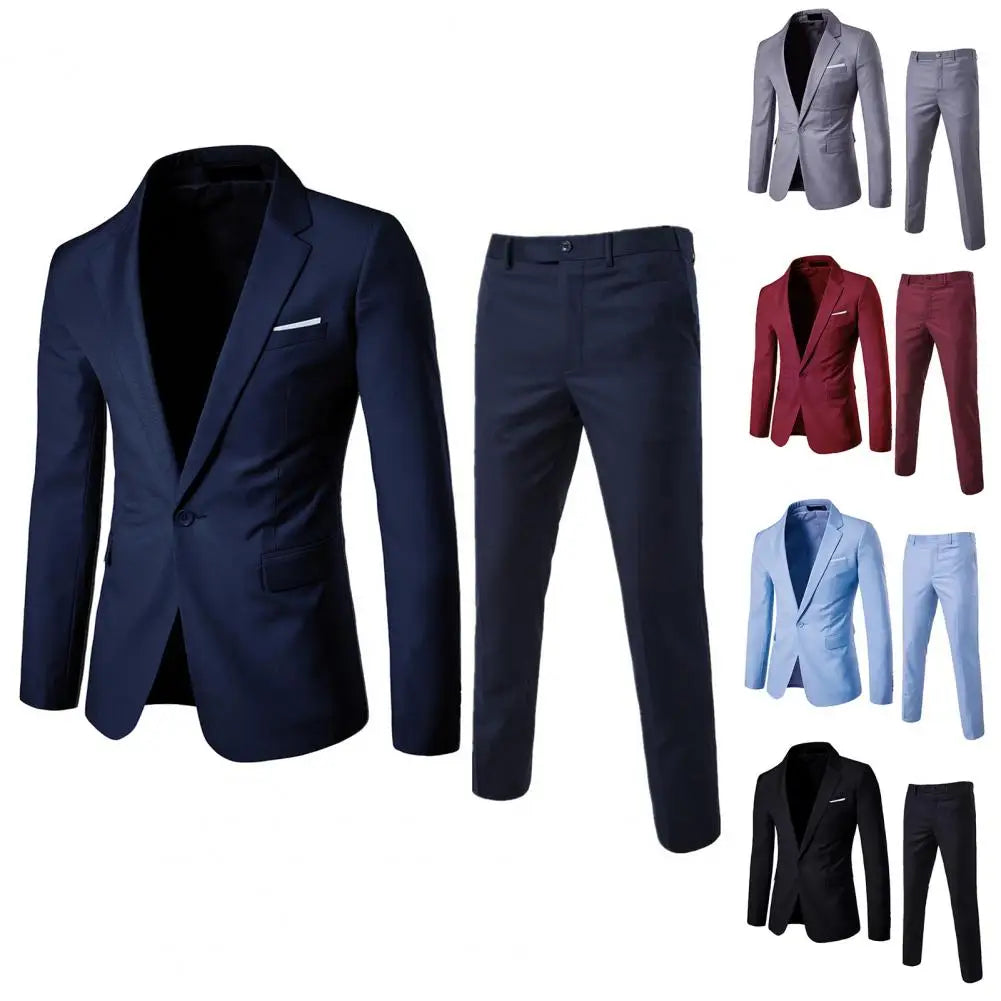 Slim Fit Business Outfit Stylish Men's Business Suit Set Lapel Single Button Coat Slim Fit Pants with Pockets Workwear for A