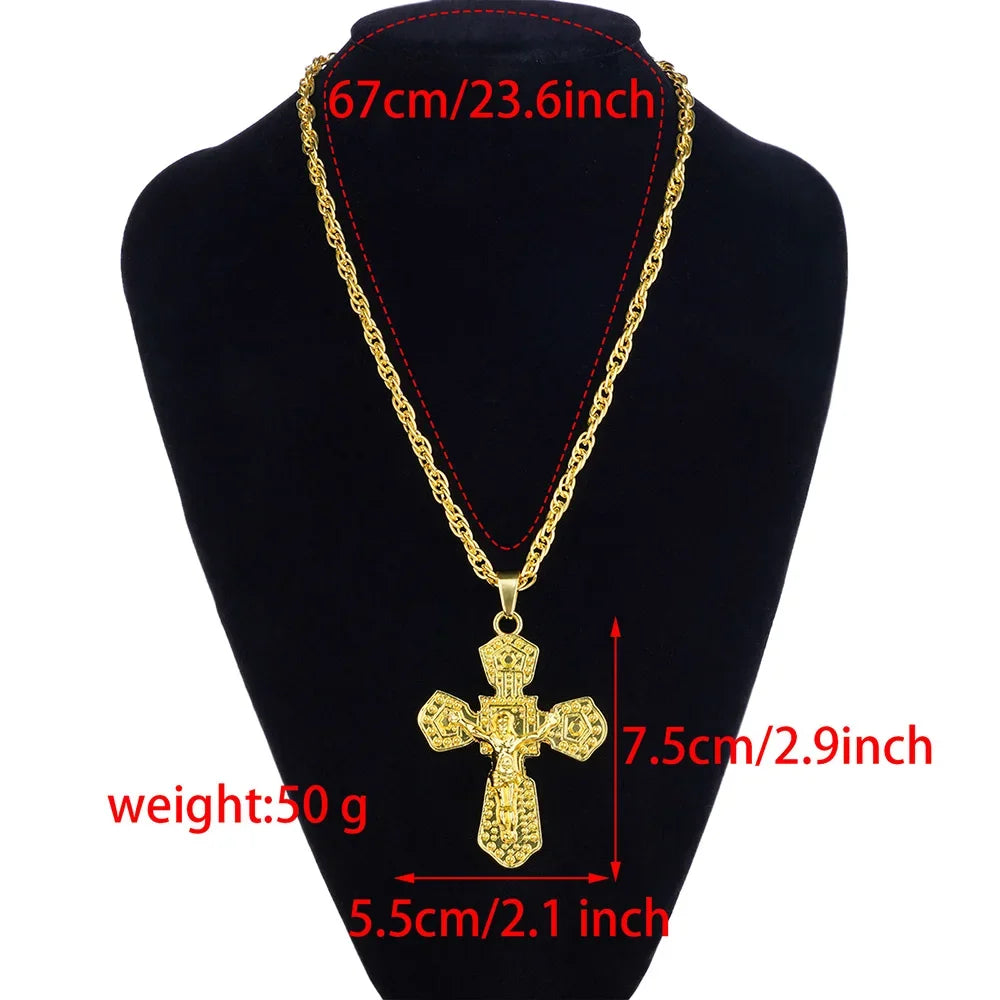 Fashion 18K Golden Plated Hip Hop Rock Necklace for Men Stainless Steel Religious Cross Pendant Necklace Mens Women Jewellery