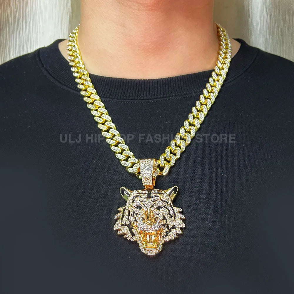 ULJ Men Hip Hop Tiger Head Pendant Necklace with 12mm Miami Cuban Chain Iced Out Bling Male Jewelry