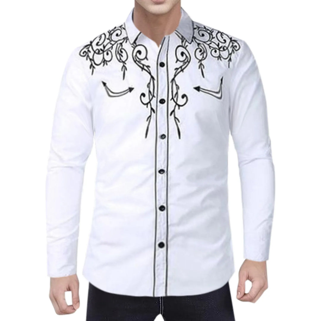 Stylish Western Cowboy Shirt Men Brand Design Embroidery Slim Fit Casual Long Sleeve Shirts Mens Wedding Party Shirt for Male