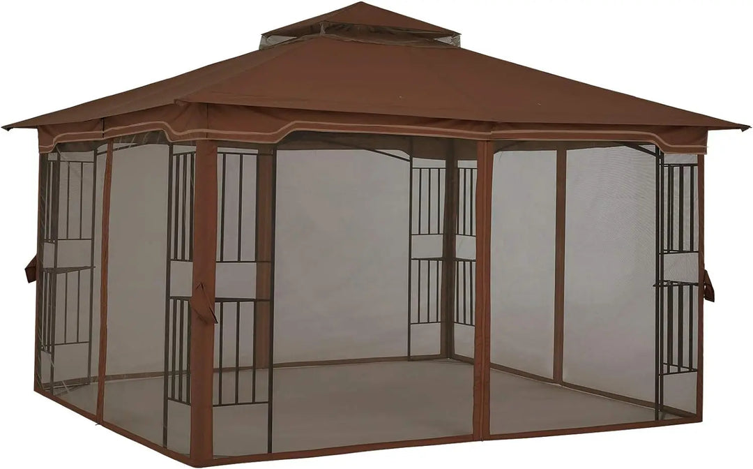 MASTERCANOPY Patio Outdoor Gazebo with Netting Screen Walls and Corner Shelf Design (11x13,Brown)