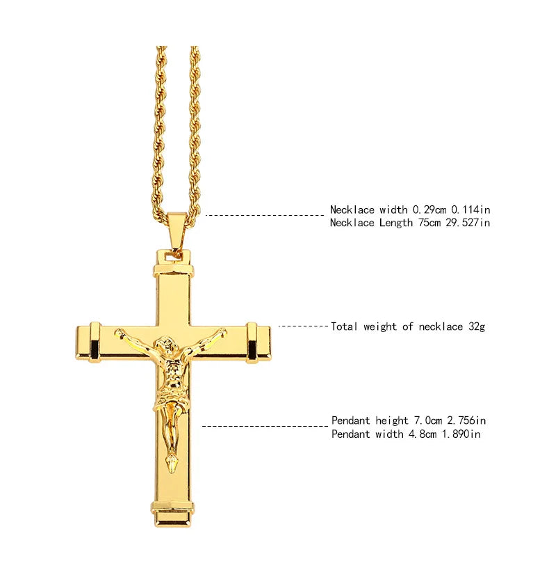 High quality 24K Gold Plated Jesus Christ Cross Pendant Hip hop Rap Golden Crucifixio Cuban Chain Necklace Men Jewelry