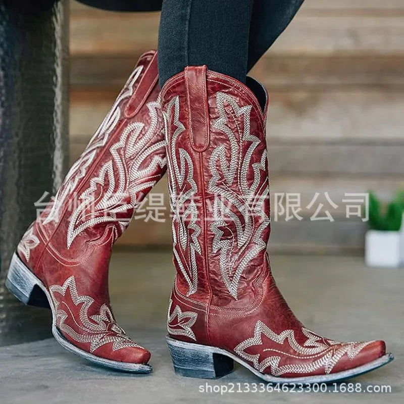 Embroidery Cowboy Boots For Women Knee High Med Calf Vintage Western Cowgirl Boots Women Heeled Casual Shoes Autumn Block Heel