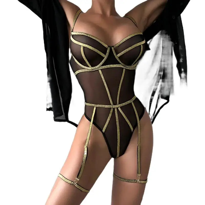 Bikini Fashion Sexy Lingerie Jumpsuit Gold Silk Beautiful Line Mesh Stitching Girl Camisole