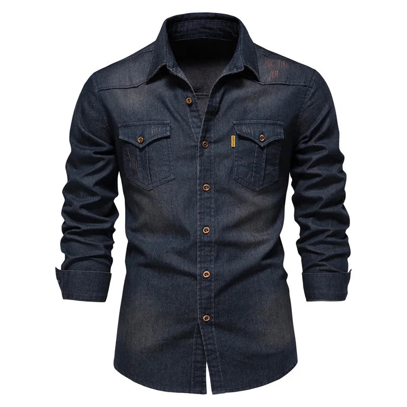 Spring Long Sleeve Men's Denim Shirt High Quality Cotton Elastic Casual Slim Fit Streetwear Clothing Cowboy Shirts Men Black