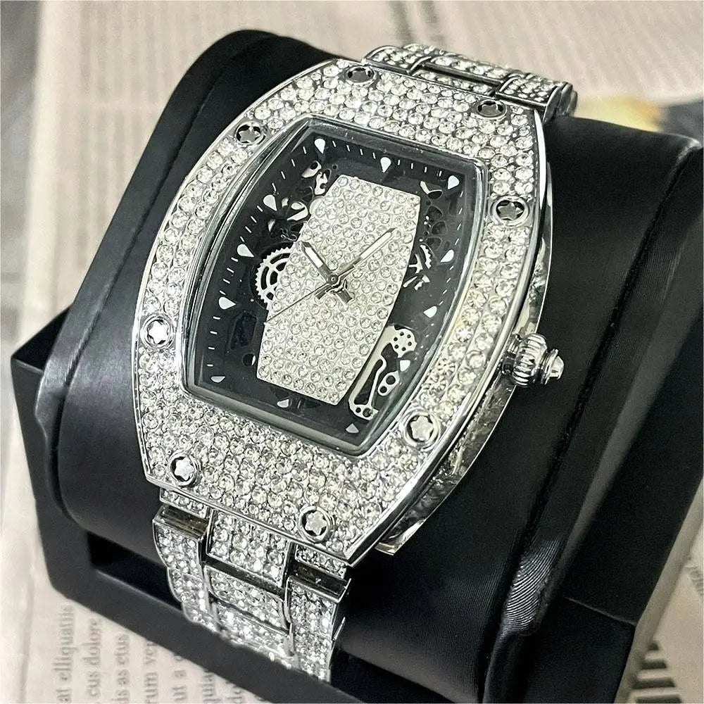 Luxury Iced Watches Mens Fashion Brand MISSFOX Tonneau Waterproof Clock Hip Hop Full Diamond AAA Quartz Wristwatches Mans Reloj