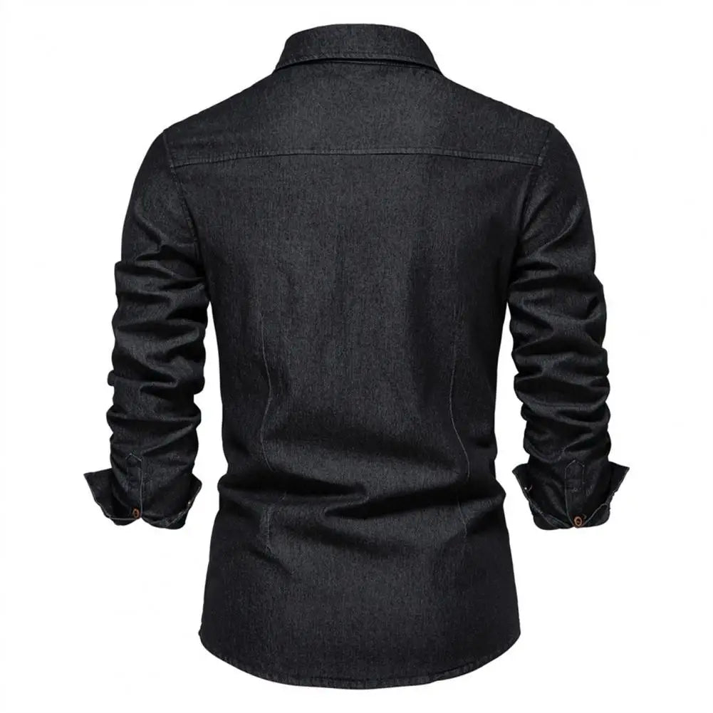 Men Denim Shirt Flap Pocket Turn-down Collar Shirt Long Sleeve Quality Cowboy Shirts Men Casual Slim Fit Mens Designer Clothing