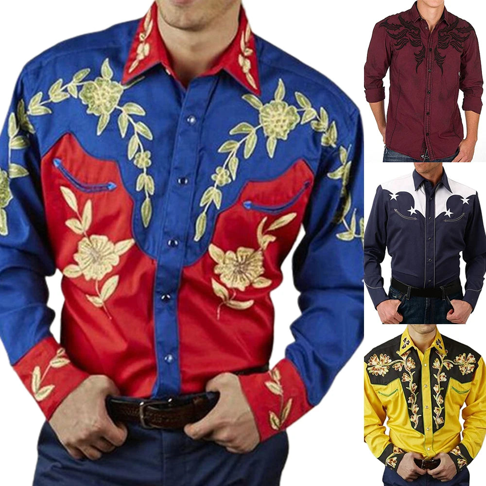 Western Style Men's Print Shirts Long Sleeve Casual Loose Slim Button Turn-Down Collar Shirt And Blouse Tops Clothing For Man