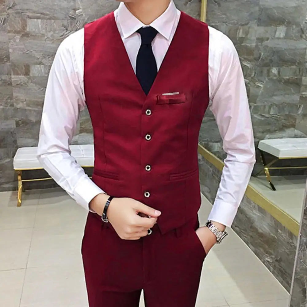 Men Formal Vest Slim Fit V-neck Men's Suit Vest Formal Business Waistcoat for Groom Wedding Coat Single-breasted Cardigan Style