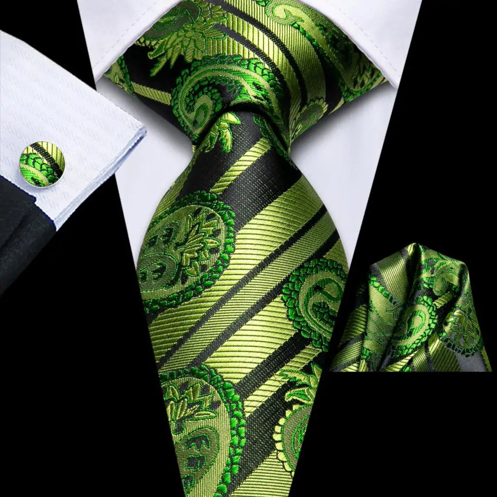 Hi-Tie Designer Striped Green Ties For Men Wedding Party Necktie Luxury Hanky Cufflinks Silk Tie Set Gift For Men Wholesale