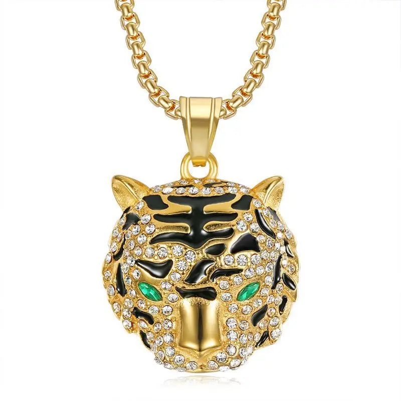 ULJ HIPHOP Jewelry Stainless Steel Color-Preserving NO Rust Gold-plated Rhinestone Tiger Head Pendant Necklace