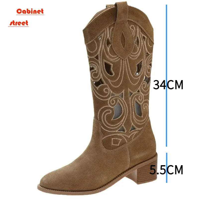 Hollow Embroidered Vintage Western Boots Women 2023 Autumn Chunky Heels Knee High Cowboy Boots Woman Pu Leather Knight Booties