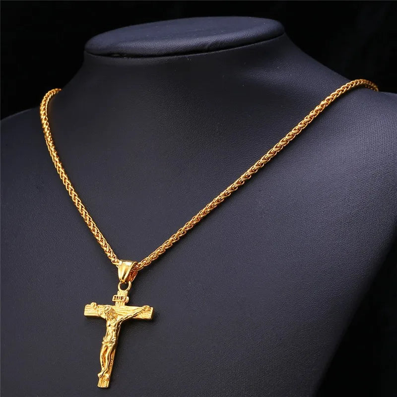 Catholic Retro Golden and Silver Color Cross Pendant Necklace Men and Women Fashion Jewelry Jesus Christ Long Chain Necklaces