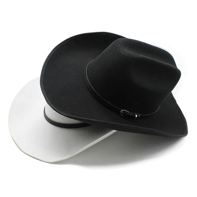 Retro Simple Leather Belt Imitation Cashmere Women Men Large Wide Brim Yellowstone Cowboy Western Hat Cowgirl Cap  (56-59cm)