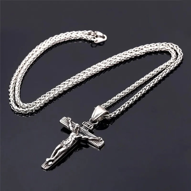 Catholic Retro Golden and Silver Color Cross Pendant Necklace Men and Women Fashion Jewelry Jesus Christ Long Chain Necklaces