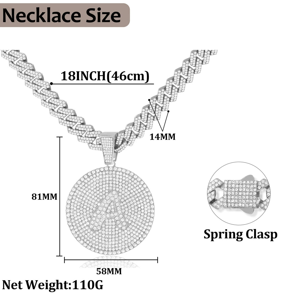 New A-Z Letters Round Pendant Necklaces Men Women Iced Out 14MM Prong Cuban Chain Hiphop Necklace Fashion Charm Jewelry