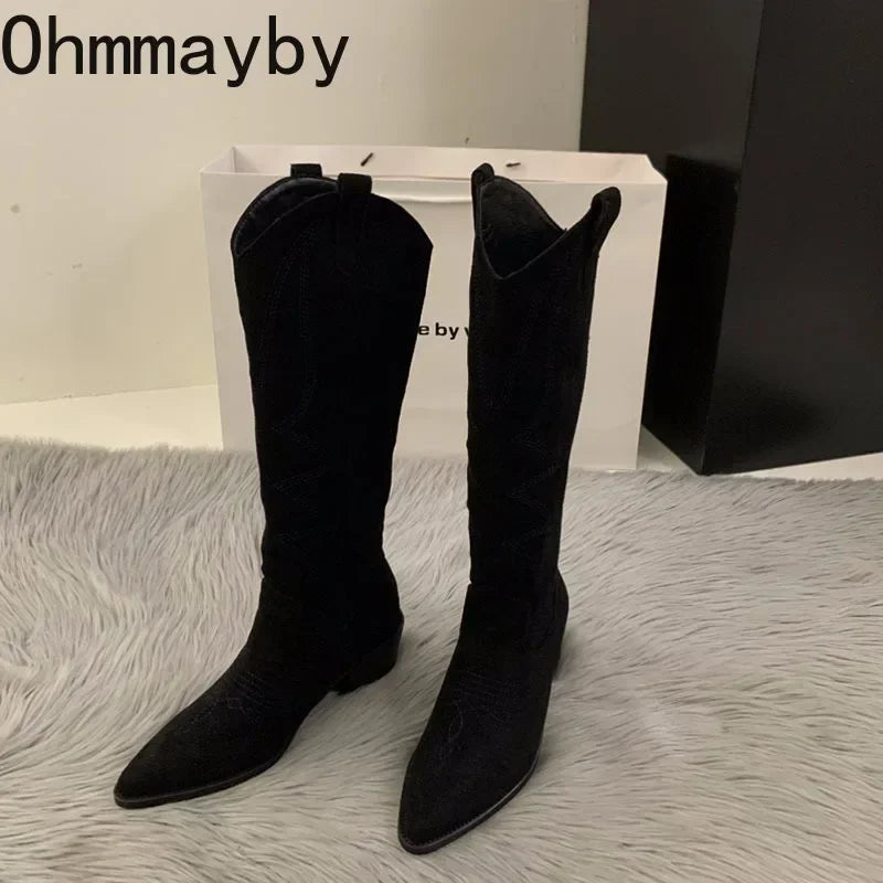 Women Cowboy Boots Fashion Square Low Heel Ladies Elegant Slip On Long Booties Winter Pointed Toe Women's Footwear