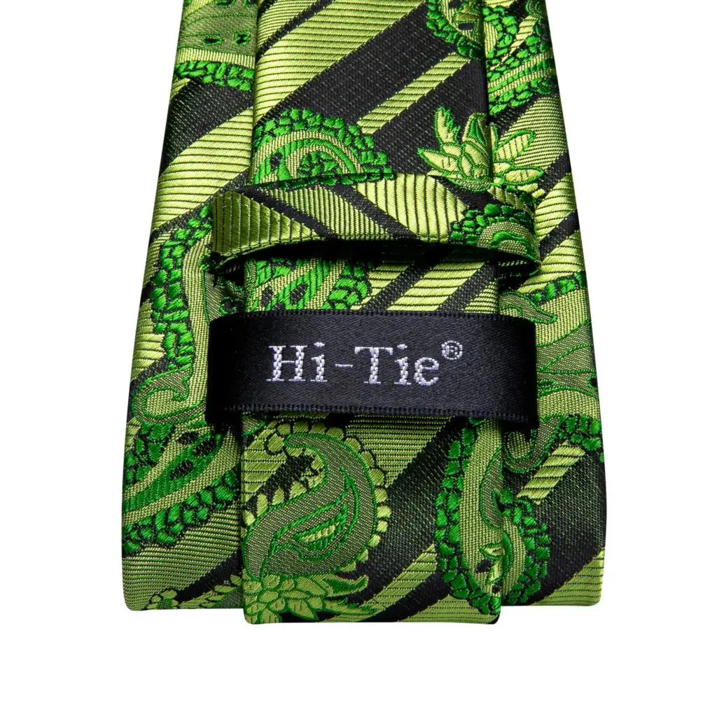 Hi-Tie Designer Striped Green Ties For Men Wedding Party Necktie Luxury Hanky Cufflinks Silk Tie Set Gift For Men Wholesale