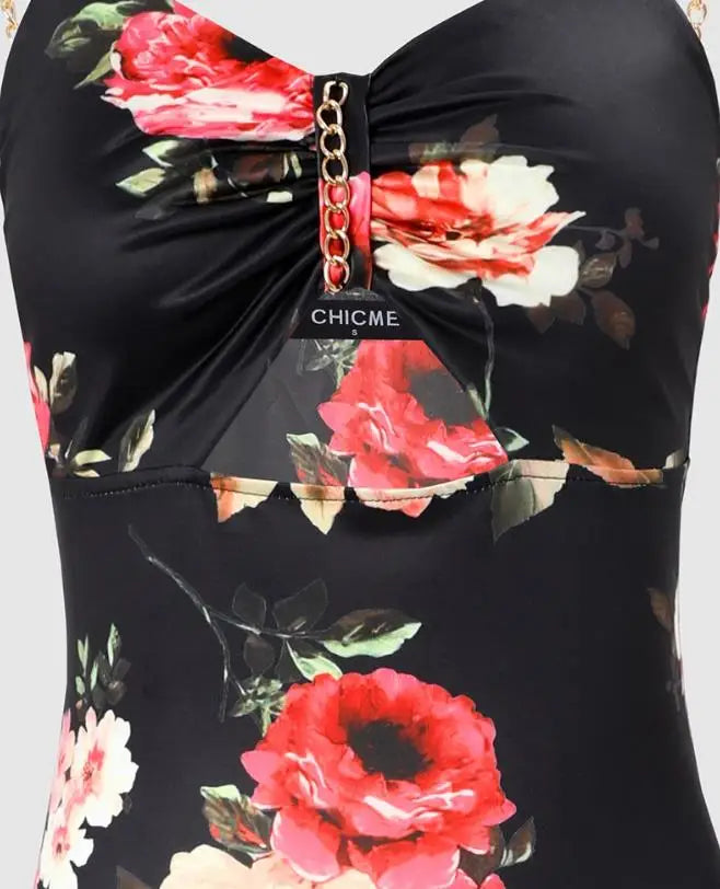 Sexy Floral Print High Slit Bodycon Dress Summer 2023 Daily Fashion Sleeveless Chain Decor Cutout Maxi Skinny Party Dresses