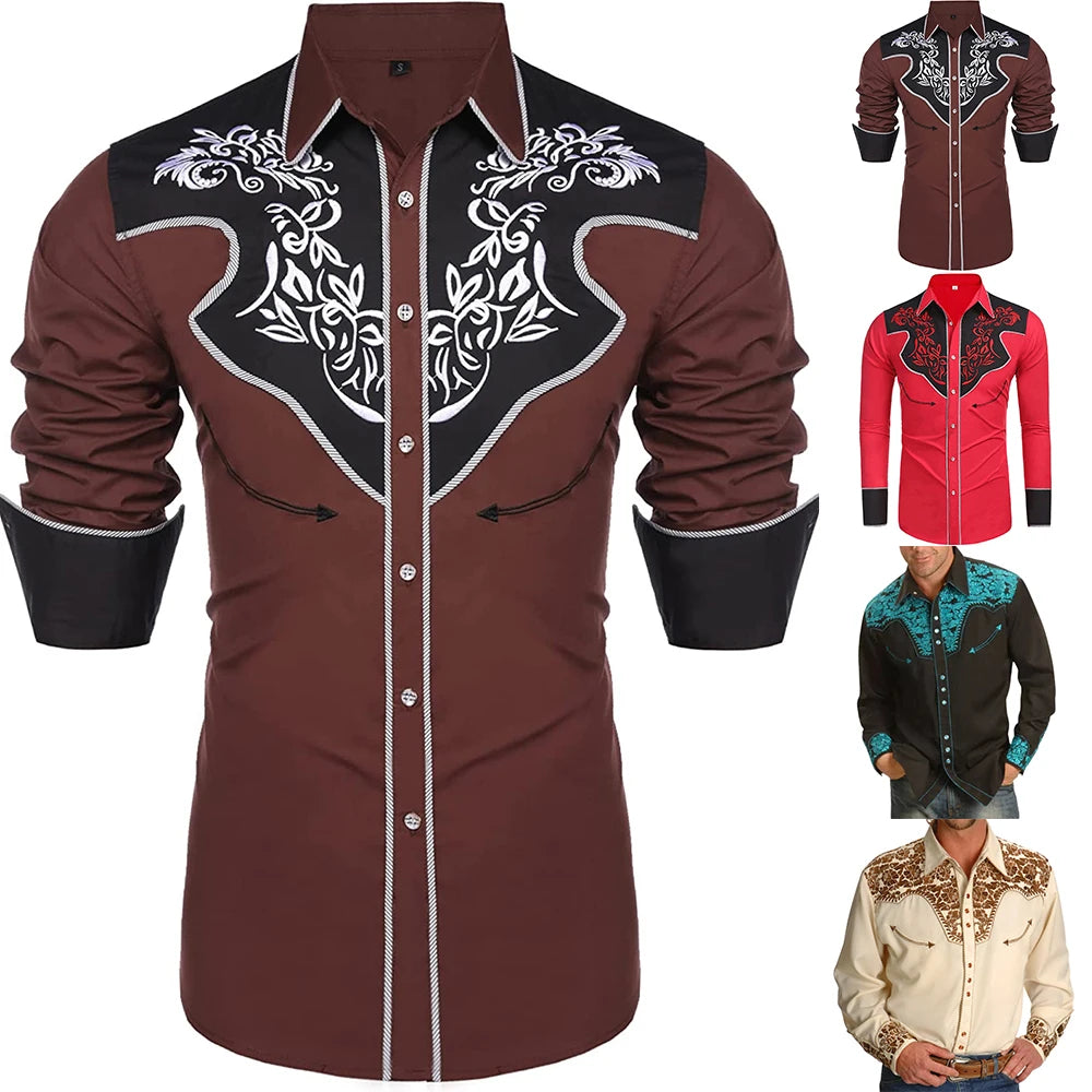 Men Social Casual Printed Shirts Western Style Long Sleeve Slim Button Turn Down Collar Shirt And Blouse Men Clothing