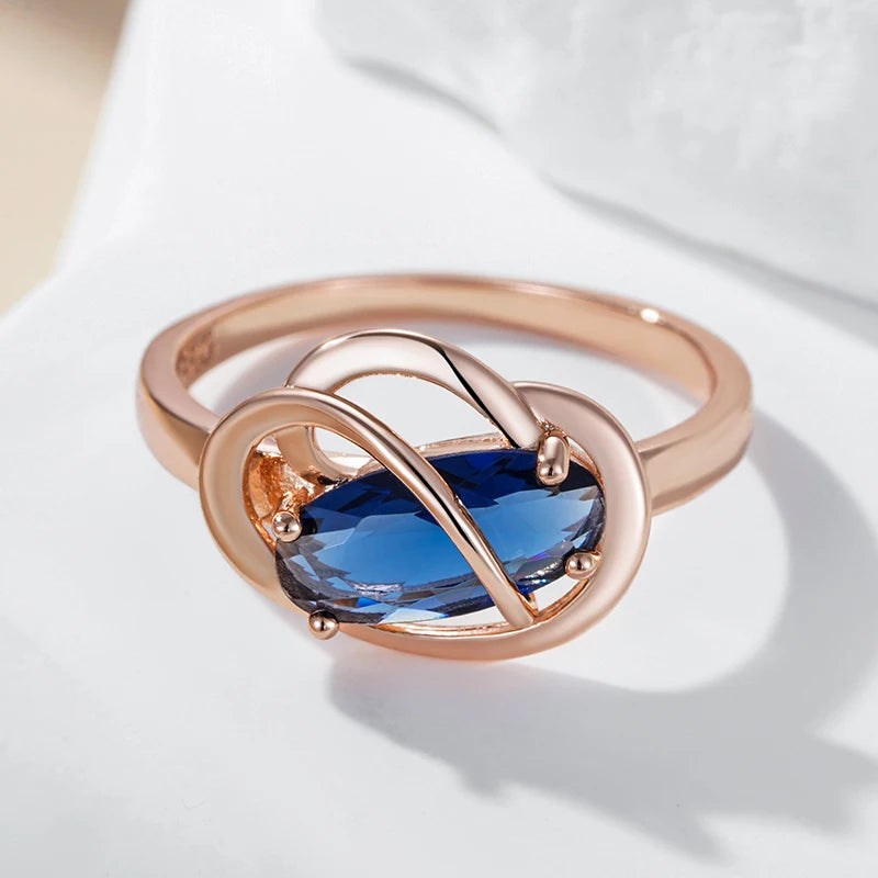 Kinel Unusual Shiny Oval Blue Natural Zircon Ring for Women Luxury 585 Rose Gold Color Wedding Party Daily Jewelry Best Gift