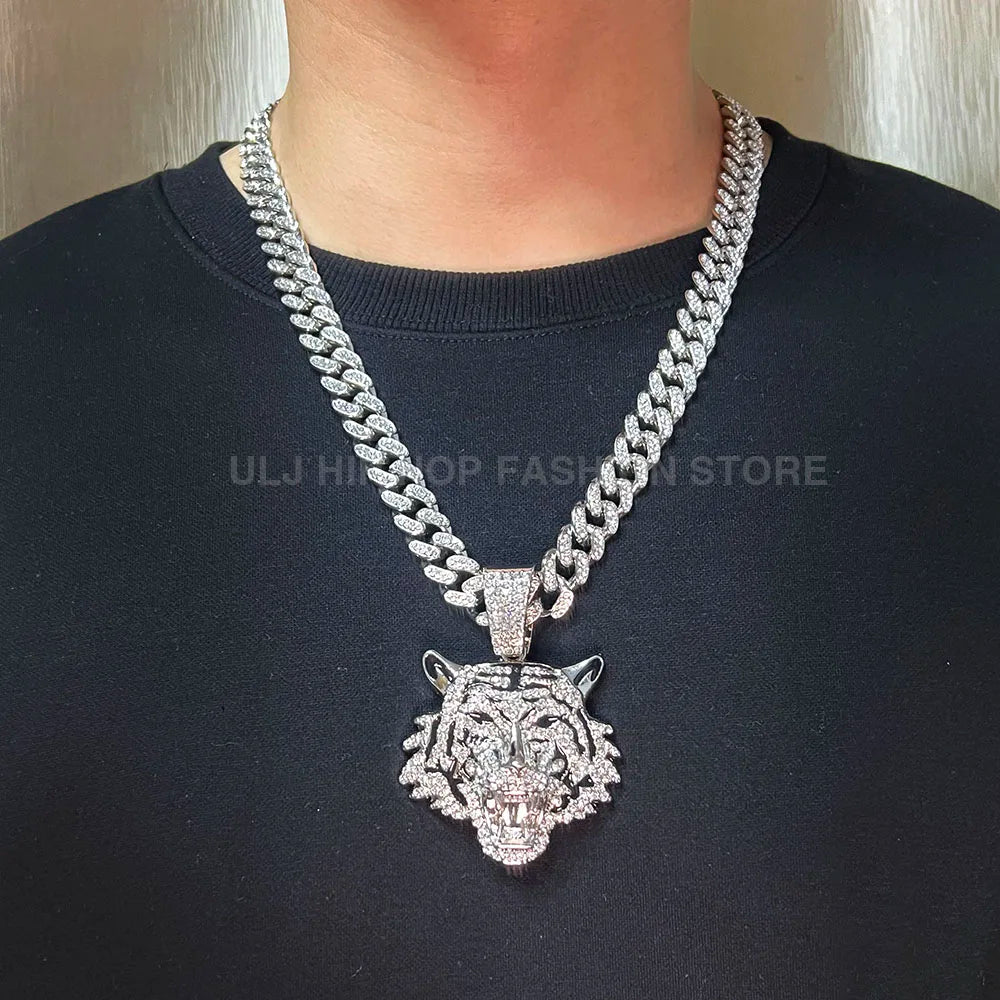 ULJ Men Hip Hop Tiger Head Pendant Necklace with 12mm Miami Cuban Chain Iced Out Bling Male Jewelry