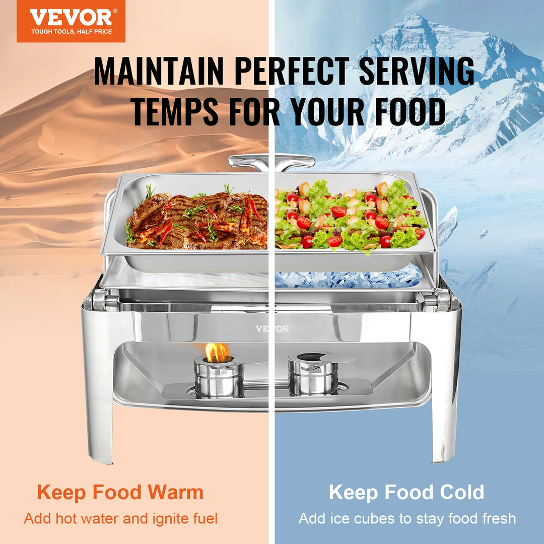 VEVOR 9QT Roll-top Chafing Dish Buffet Set Stainless Steel Chafer w/2 Half Pans Rectangle Catering Warmer w/Lid Fuel Holder