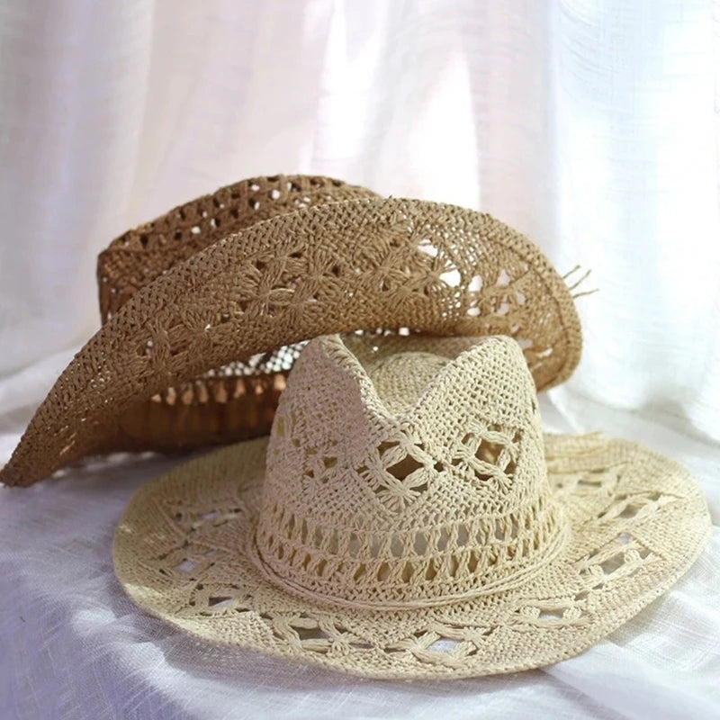 Western Crochet Cowboy Straw Hat Women Men Casual Handmade  Hollow out Cowgirl Hat Solid Color Outdoor Wide Brim Beach Cap